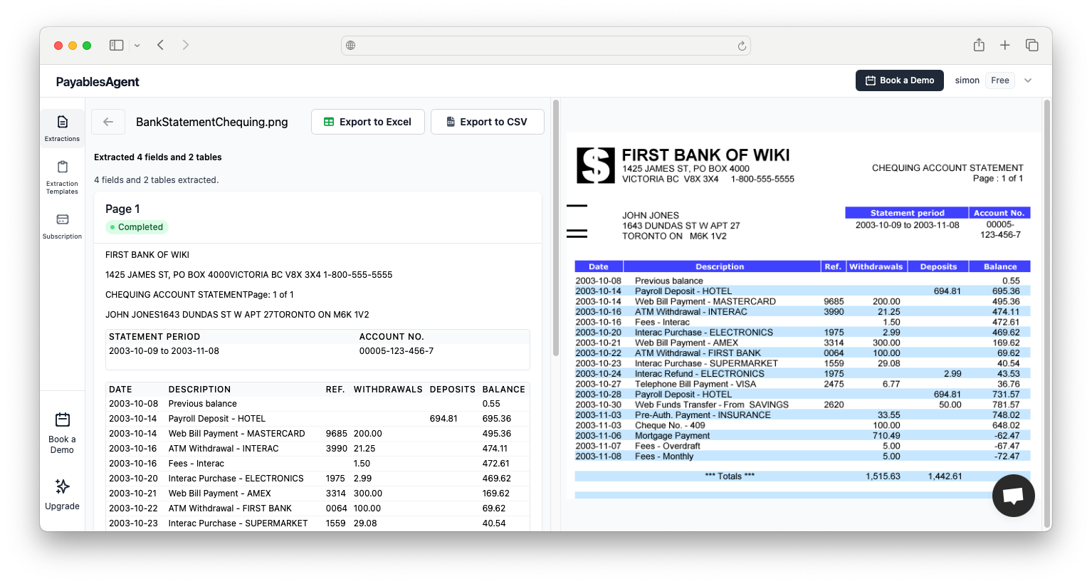 PayablesAgent extraction screen with extracted fields and table rows next to the original document