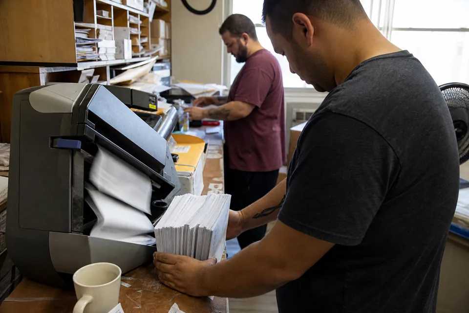Operator feeding a batch of paper vendor invoices into a production document scanner