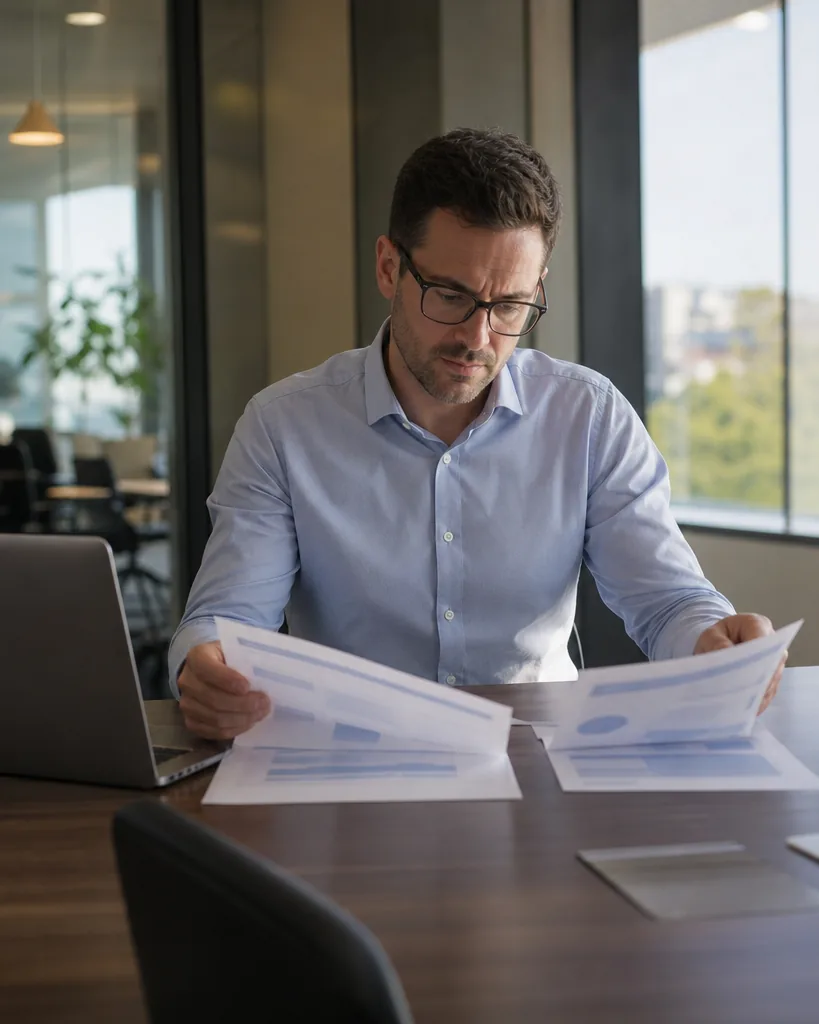 Controller comparing two accounts payable software proposals on a conference table