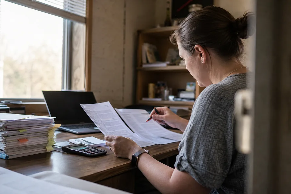 Controller comparing two AP software proposals with a stack of vendor bills