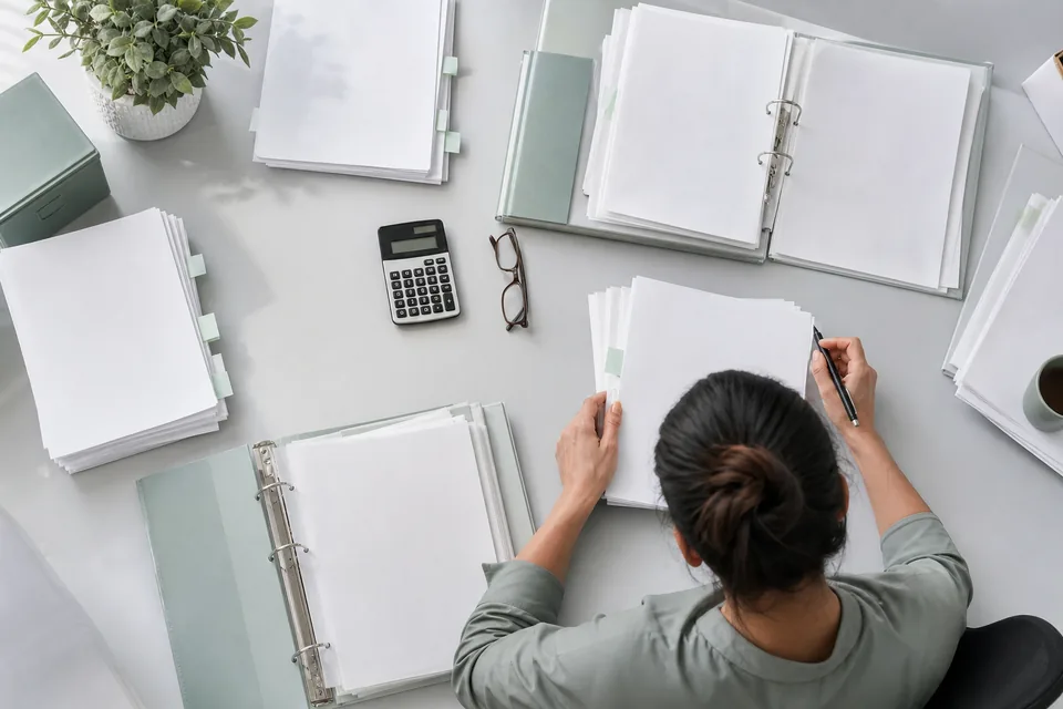 Desk with stacked supplier invoices, binders and a calculator in daylight