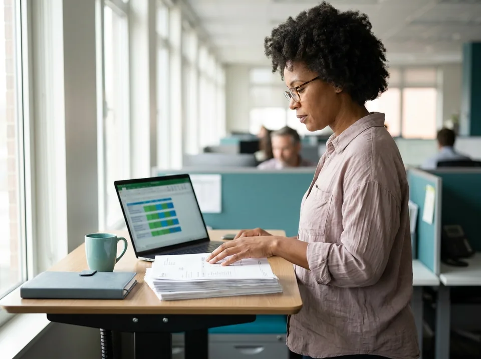 AP manager reviewing a stack of vendor invoices next to a line-item spreadsheet