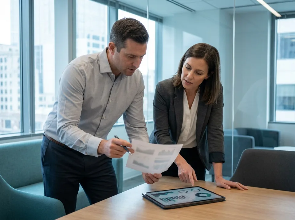 Two finance colleagues reviewing a printed software proposal at a conference table
