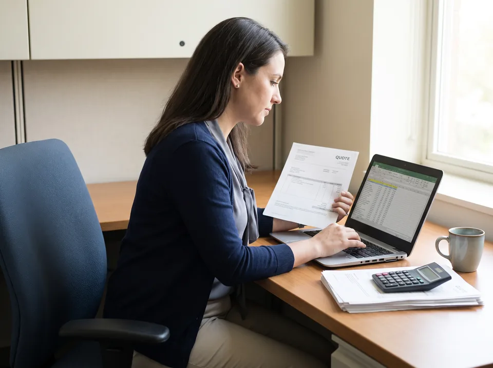 Finance manager holding a printed vendor quote next to a laptop spreadsheet and a calculator