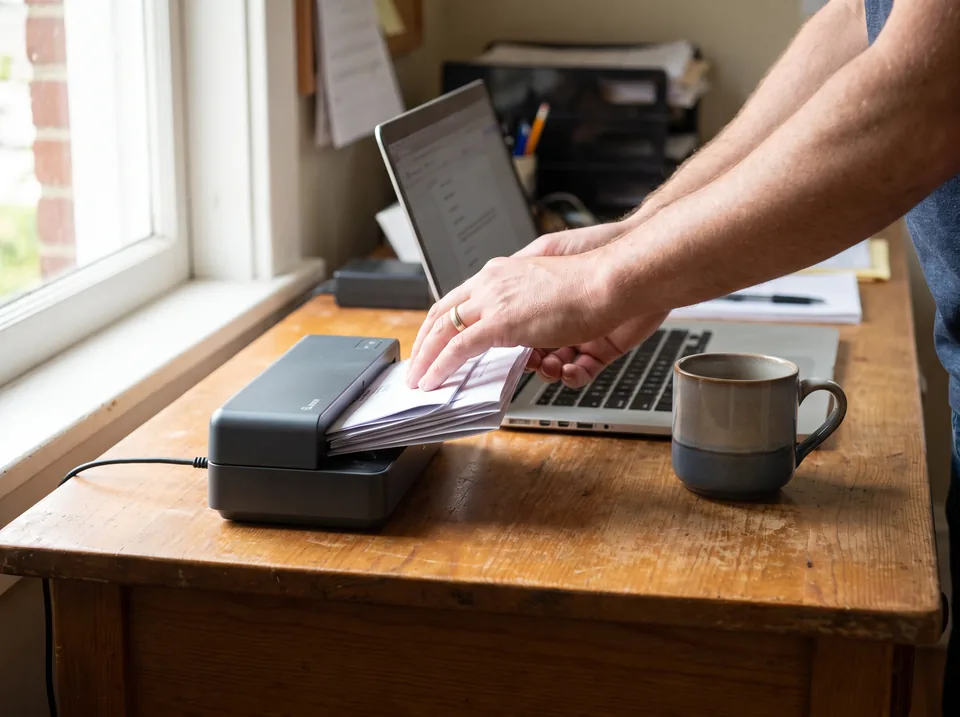 Bookkeeper feeding a batch of paper invoices into a desktop scanner next to a laptop